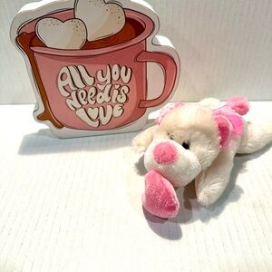 Pink & Cream Plush Puppy Accent - All You Need is Love Design Wooden Plaque